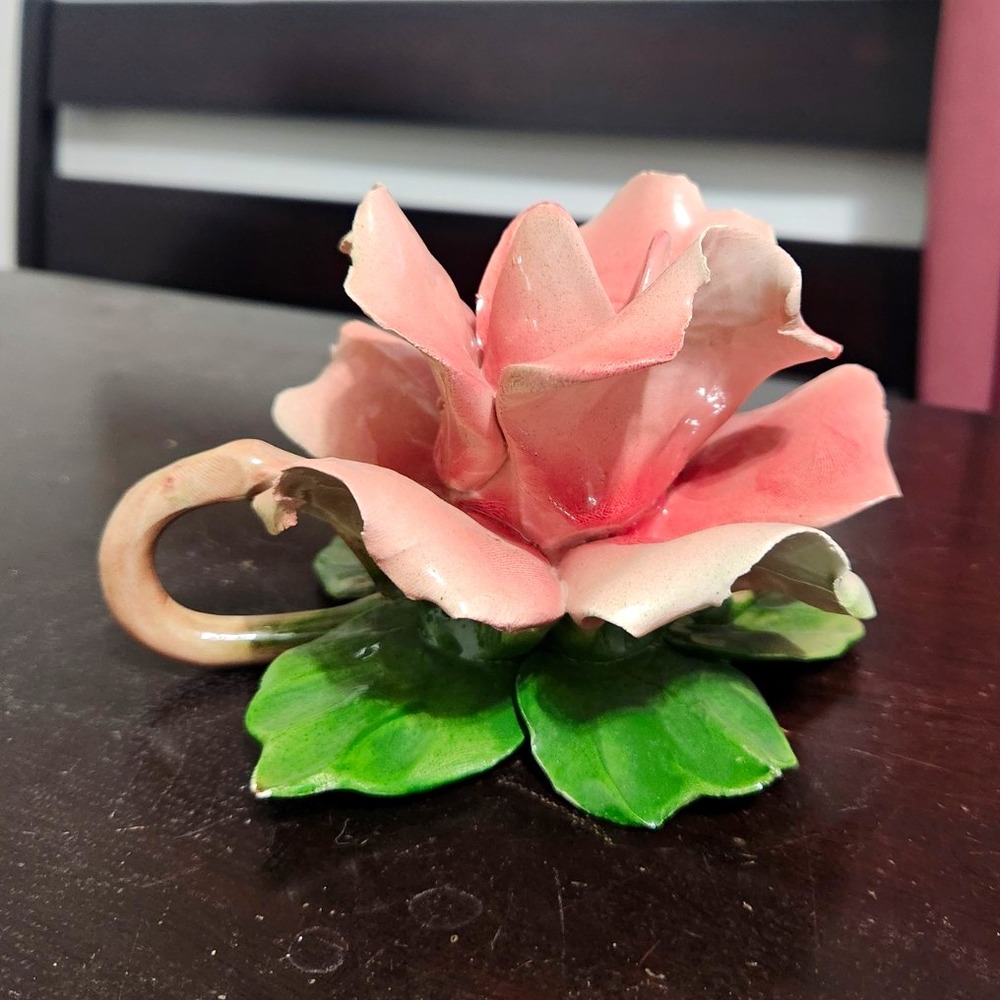 Capodimonte Floral Pink & Green Porcelain Flower Candle Holder Glossy